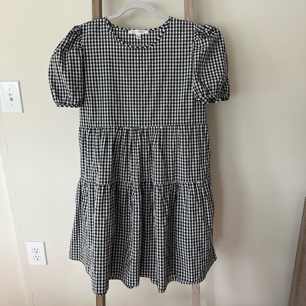 Ava + Esme black and white gingham tiered mini dress